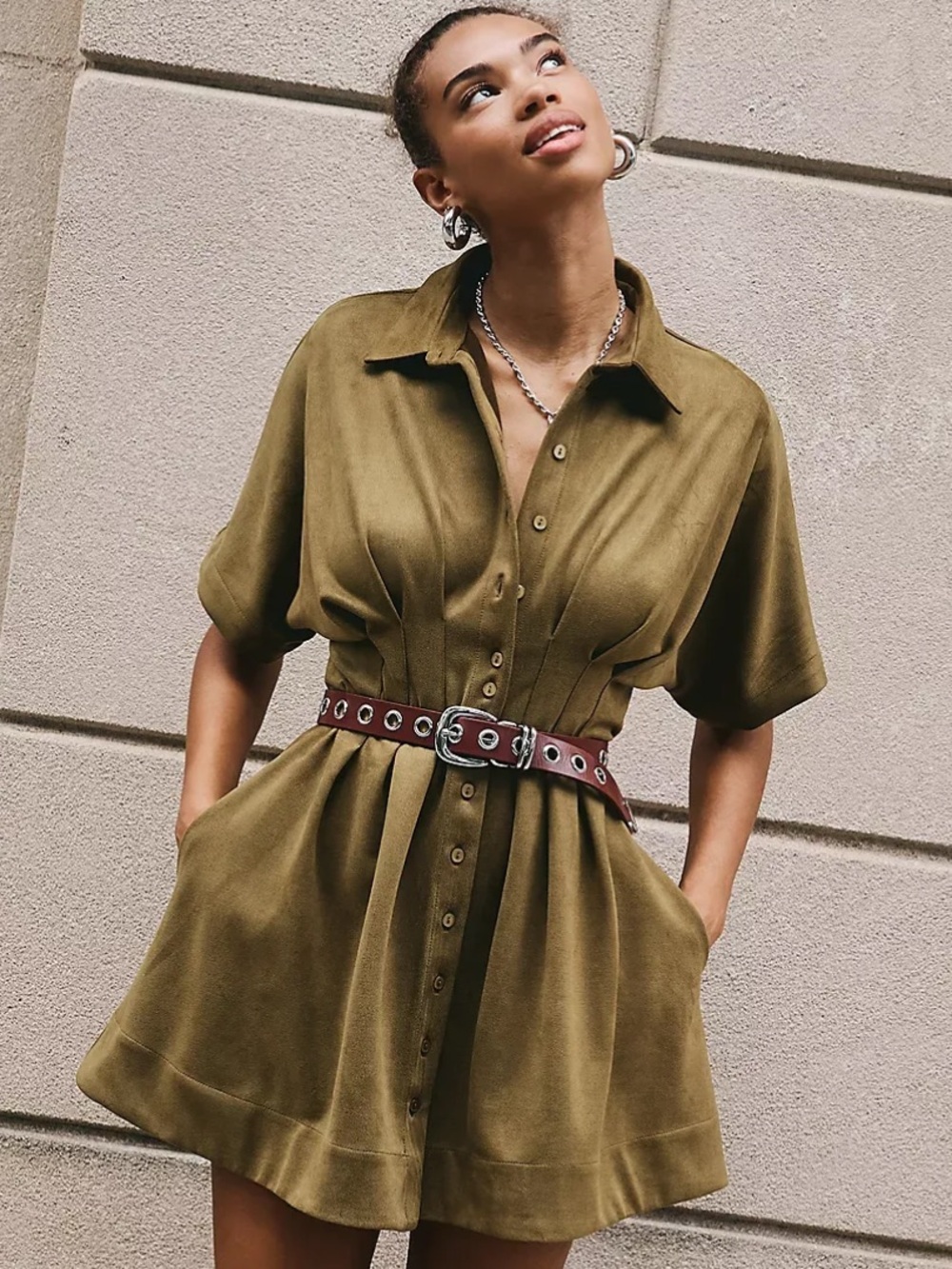 Anthropologie Coquette Exquise Tobie Olive Green Faux Suede Shirt Dress M NWT